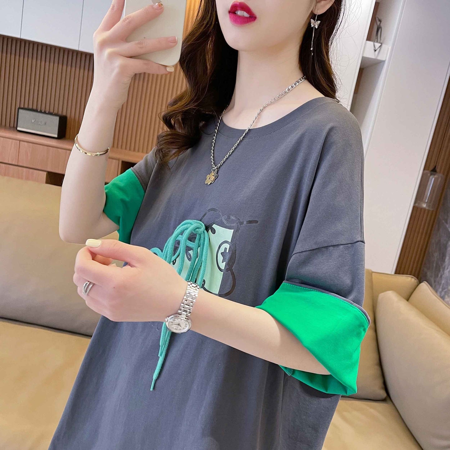 韓国系   ラウンドネック Tシャツ ゆったり半袖 ＜F-2988＞