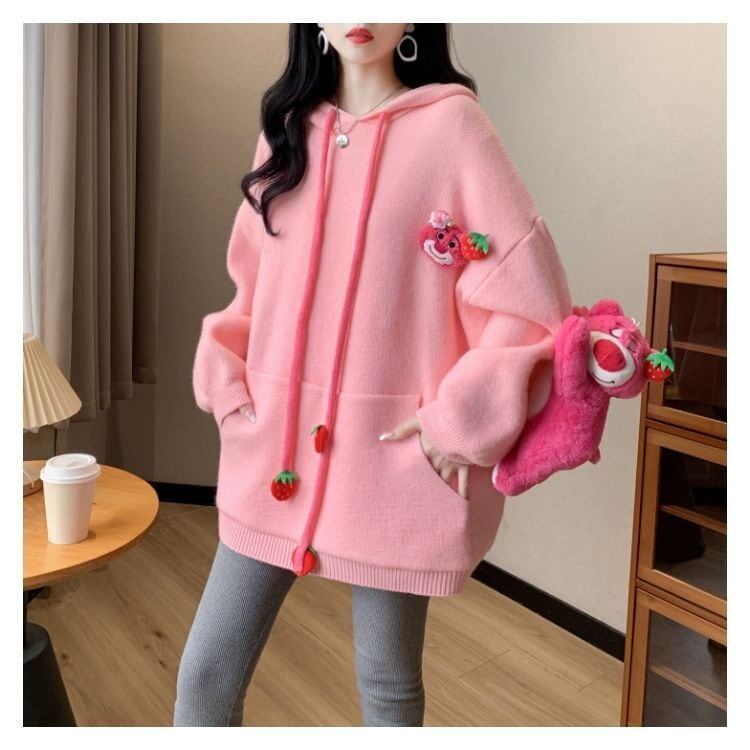 カワイイクマちゃんぬいぐるみ付きニットフード付きパーカ全4色<4537>