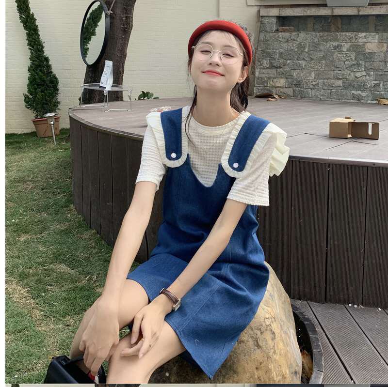 美人度アップ デニム 大人可愛い 全2色 半袖Tシャツ+サスペンダースカート セットF-8782