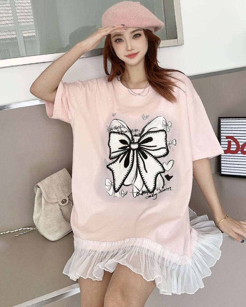今季マストバイ プリントゆったり 切り替え 半袖Tシャツ 全4色＜F-8256＞