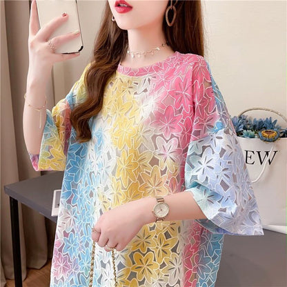 オシャレ度満点 ラウンドネック スタイリッシュ 透かし彫り Tシャツ カットソー＜F-2957＞