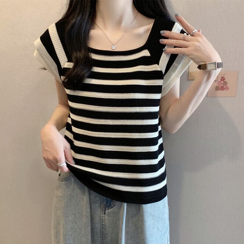 今季マストバイ ファッション カジュアル エレガント ストライプ柄 Tシャツ<F-8339>