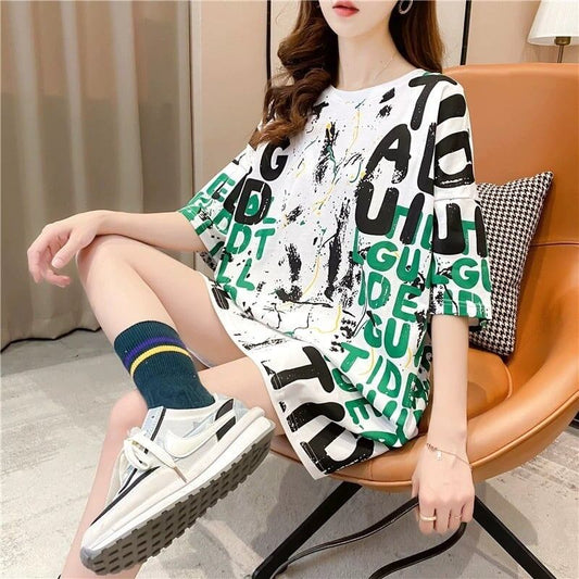 話題沸騰中 個性派 早い者勝ち ゆったり ロング丈 切り替え 2色半袖Tシャツ＜F-9068＞