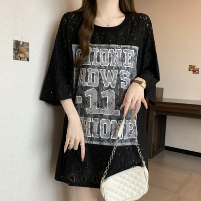 超人気 アバンギャルド 絶対流行 レース プリント全2色 半袖TシャツF-8798