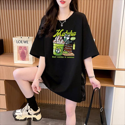 着回し力抜群 切り替え プリント ロング Tシャツ ゆったり半袖 Tシャツ ＜F-8498＞