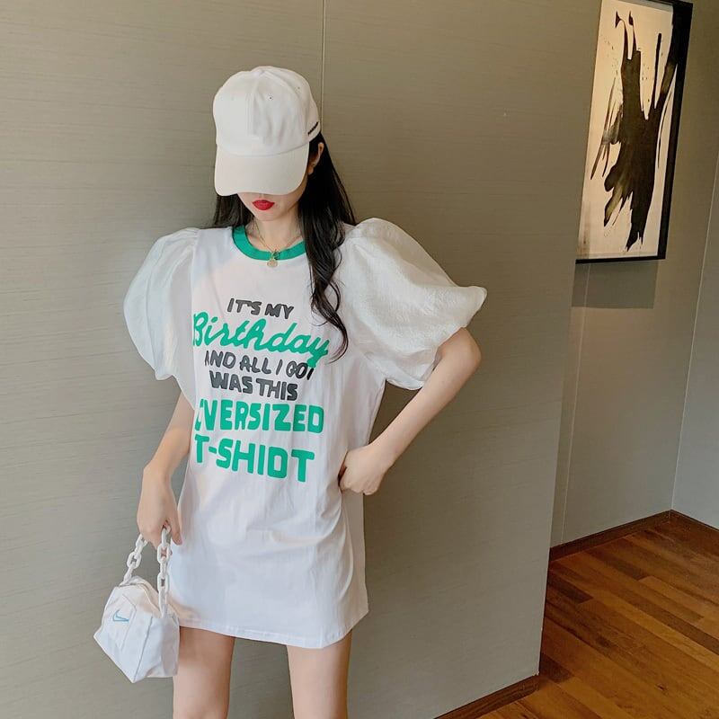 話題沸騰中 パフスリーブ ファッション プリント 全2色 半袖 Tシャツ <F-8662>