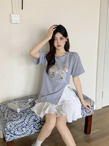 絶対欲しい キュート 超人気 ピンク プリント スパンコール 3色選択 半袖Tシャツ＜F-8570＞