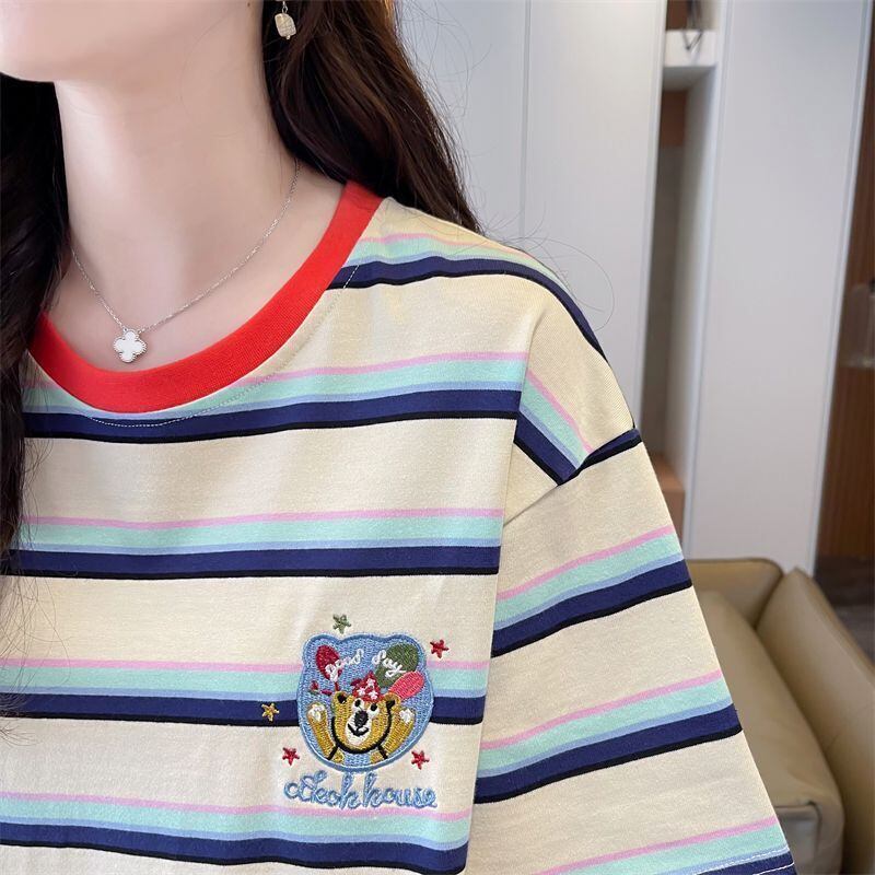 大人可愛い ストライプ柄 カジュアル 刺繍 半袖Tシャツ カットソー ＜F-8571＞