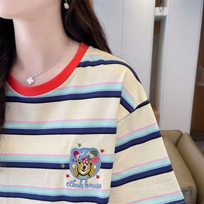 大人可愛い ストライプ柄 カジュアル 刺繍 半袖Tシャツ カットソー ＜F-8571＞