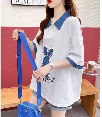 韓国系   POLOネック 三色 ゆったり半袖 ＜F-3056＞