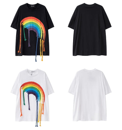 好感度UP 虹ロゴ タッセル ゆったり Tシャツ 全2色 ユニセックス半袖F-4863