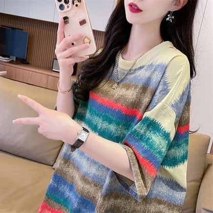 着回し力抜群 絞り染め 特別デザイン プリント 2色選択 半袖Tシャツ＜F-8580＞