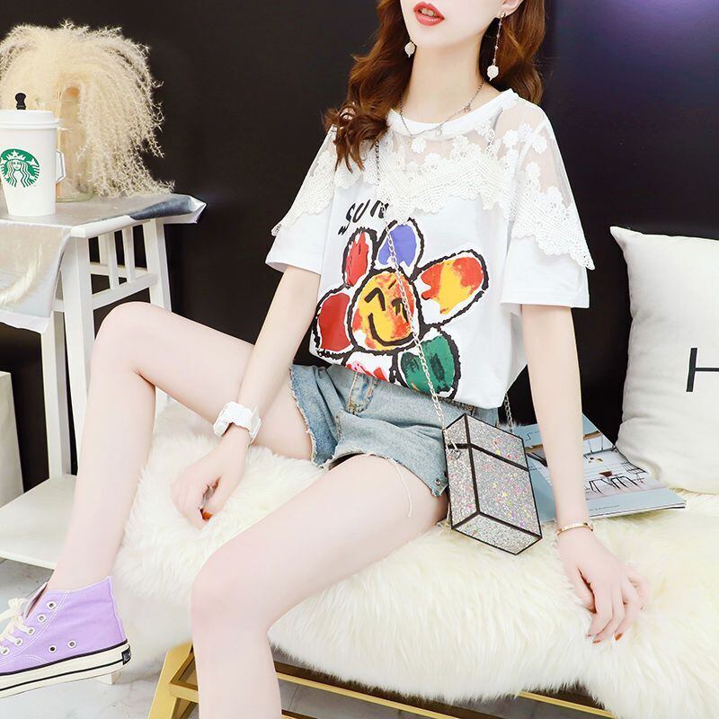 大人可愛い 切り替え レース 透かし彫り プリント全2色 半袖Tシャツ カットソー ＜F-8560＞