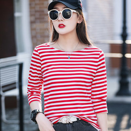 お買い得 定番シンプル 大活躍 着心地抜群 ストライプ柄 全4色 7分袖 Tシャツ ＜F-9134＞