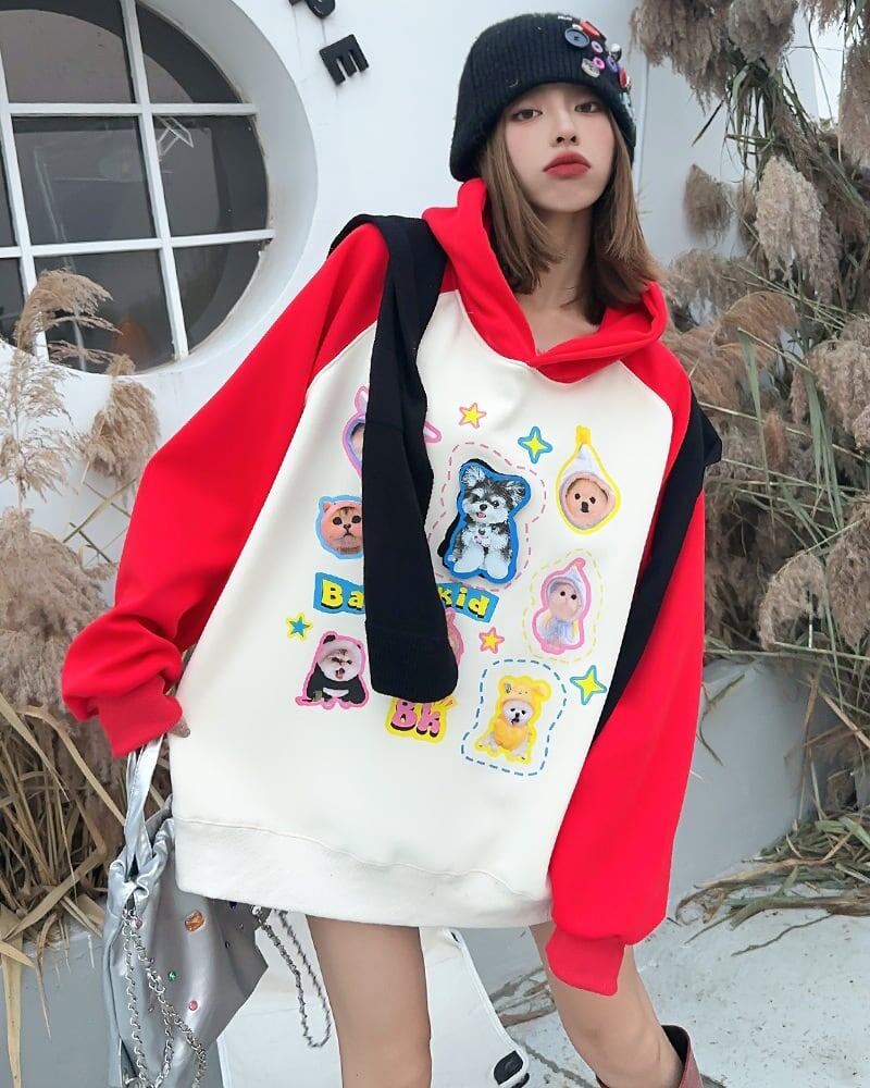 超人気商品猫柄犬柄ロゴ厚手ラグランパーカー全3色オーバーサイズトップス＜F-4473＞