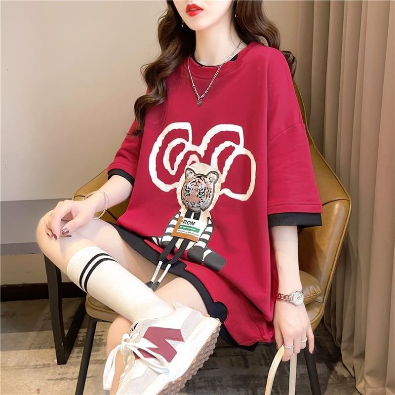 気質ルーズ漫画プリントミッドレングス半袖Tシャツ<F-3026>