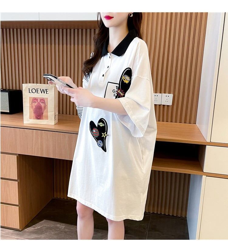 POLOネック 切り替え ストライプ柄 ロング Tシャツ ゆったりワンピース ＜F-3031＞