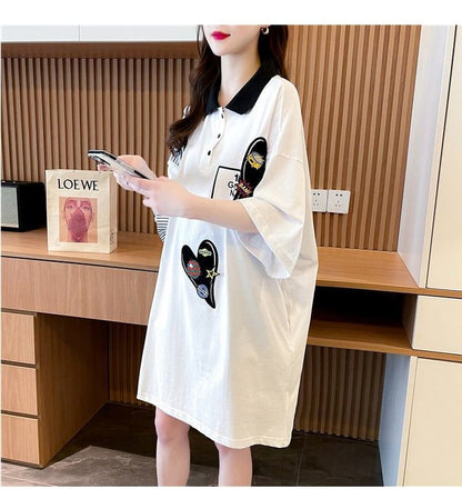 POLOネック 切り替え ストライプ柄 ロング Tシャツ ゆったりワンピース ＜F-3031＞