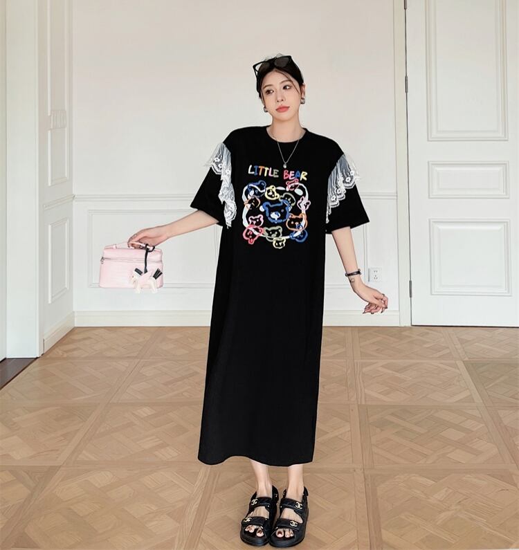 おすすめ レース ファッション 切り替え プリント Tシャツ カットソー ワンピース＜F-8535＞