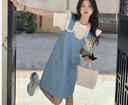 美人度アップ デニム 大人可愛い 全2色 半袖Tシャツ+サスペンダースカート セットF-8782