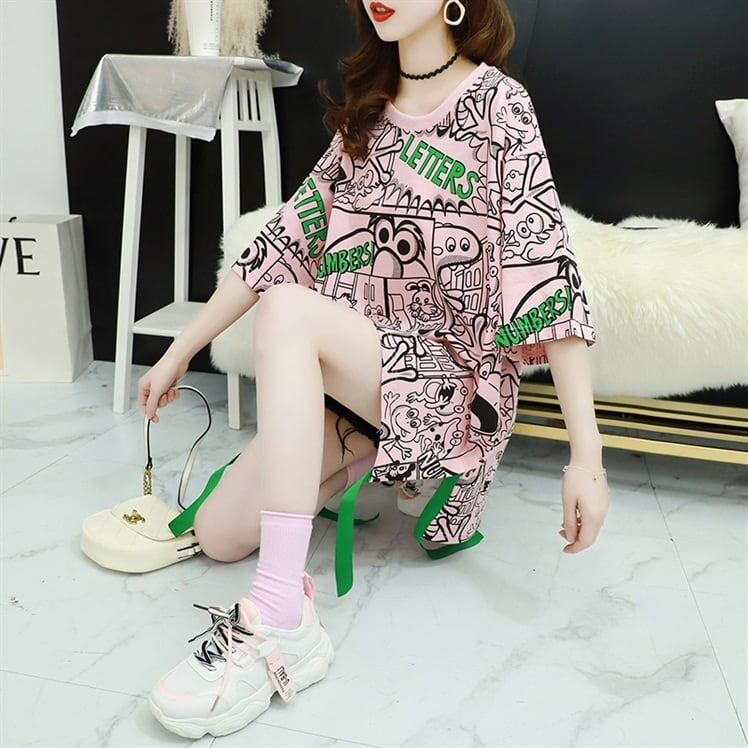超人気 アバンギャルド 個性派 ラウンドネック プリント全2色 半袖Tシャツ<F-8720>