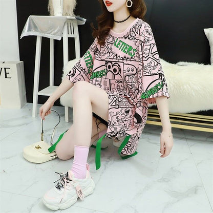 超人気 アバンギャルド 個性派 ラウンドネック プリント全2色 半袖Tシャツ<F-8720>