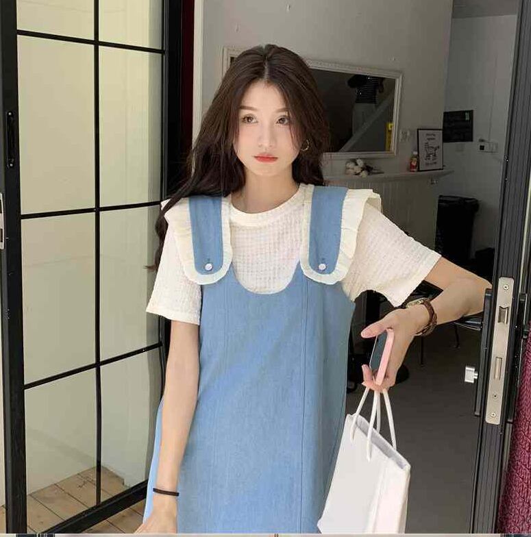 美人度アップ デニム 大人可愛い 全2色 半袖Tシャツ+サスペンダースカート セットF-8782