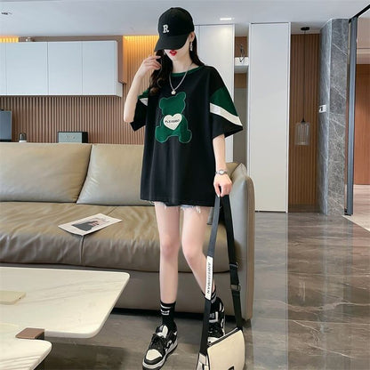 カジュアルルーズワッペン刺繍ステッチカラーブロック半袖Tシャツ<F-2870>