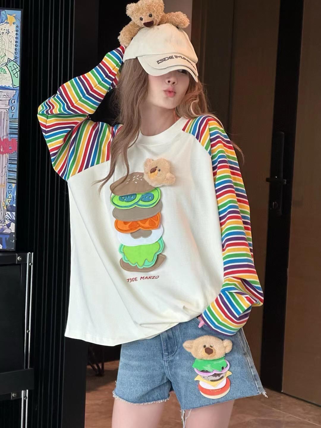都市ファッショ デザイン オシャレ 大人可愛い 着心地良い プリント ストライプ柄 半袖TシャツF-9332
