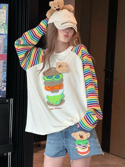 都市ファッショ デザイン オシャレ 大人可愛い 着心地良い プリント ストライプ柄 半袖TシャツF-9332