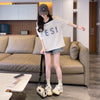 新商品 ゆったり カジュアル プリント オープンショルダー 2色 半袖Tシャツ＜F-8282＞
