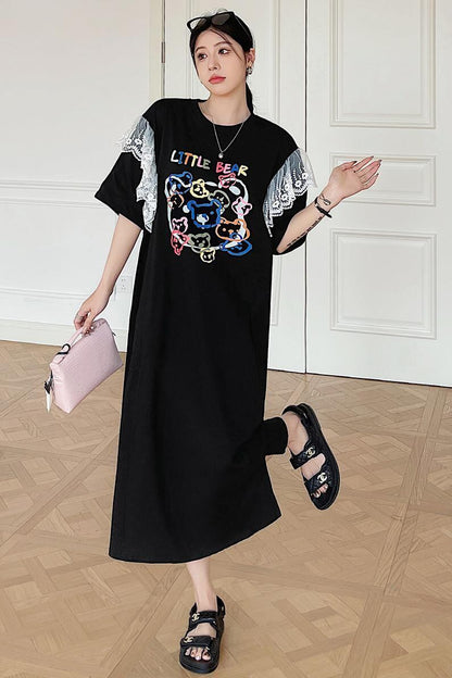 おすすめ レース ファッション 切り替え プリント Tシャツ カットソー ワンピース＜F-8535＞