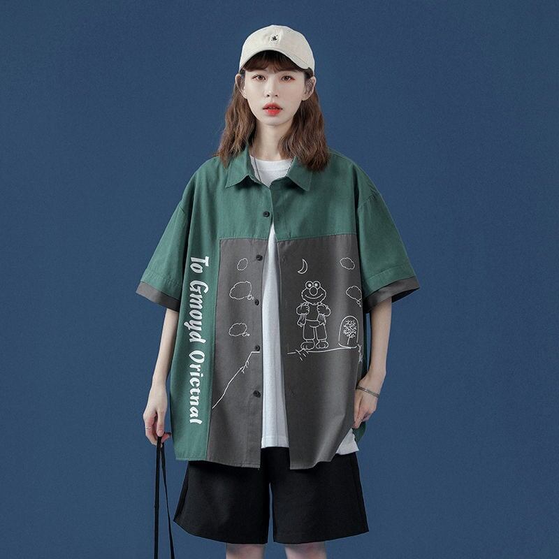 新商品 特別デザイン 大活躍 切り替え プリント 2色選択 半袖シャツ＜F-9045＞
