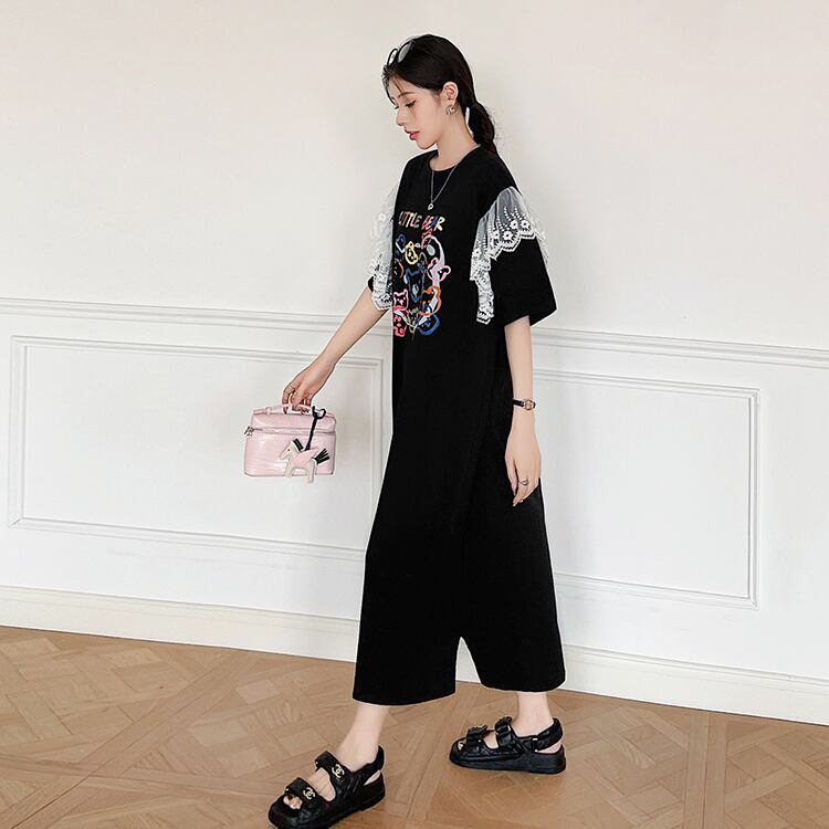 おすすめ レース ファッション 切り替え プリント Tシャツ カットソー ワンピース＜F-8535＞