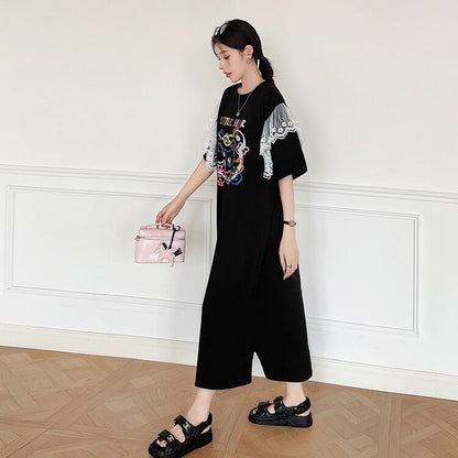 おすすめ レース ファッション 切り替え プリント Tシャツ カットソー ワンピース＜F-8535＞