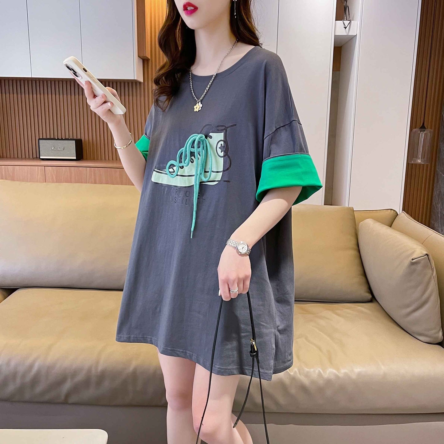 韓国系   ラウンドネック Tシャツ ゆったり半袖 ＜F-2988＞