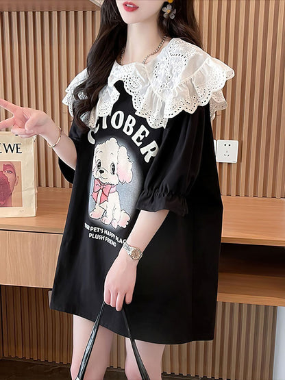 絶対流行 切り替え キュートプリント ゆったり 5分袖 Tシャツ＜F-8474＞