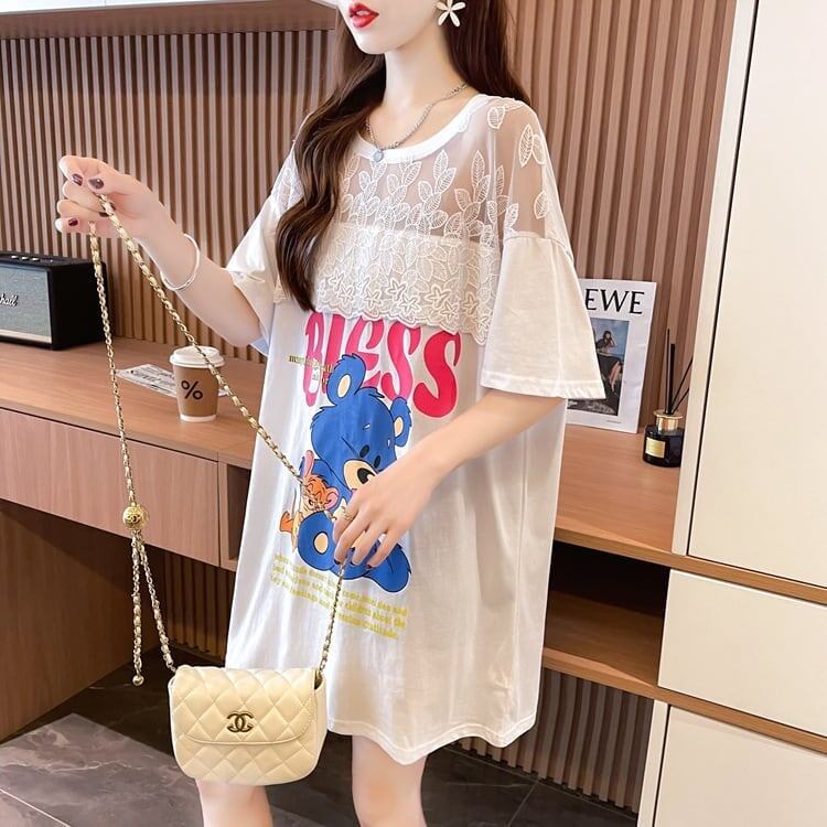ファッションデザインレースミドル丈半袖Tシャツ<F-3017>