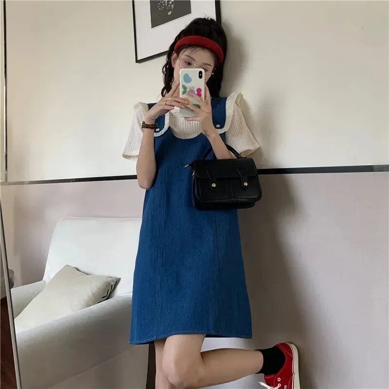 美人度アップ デニム 大人可愛い 全2色 半袖Tシャツ+サスペンダースカート セットF-8782