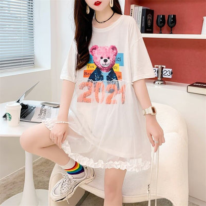 デザインセンスレースステッチフェイクツーピース半袖Tシャツワンピース<F-2964>