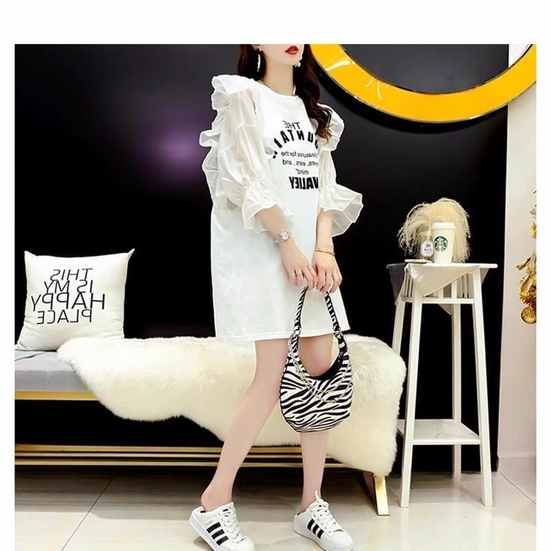 女子力アップ アルファベット パフスリーブ プリント ロングTシャツ ゆったりワンピース ＜F-3054＞