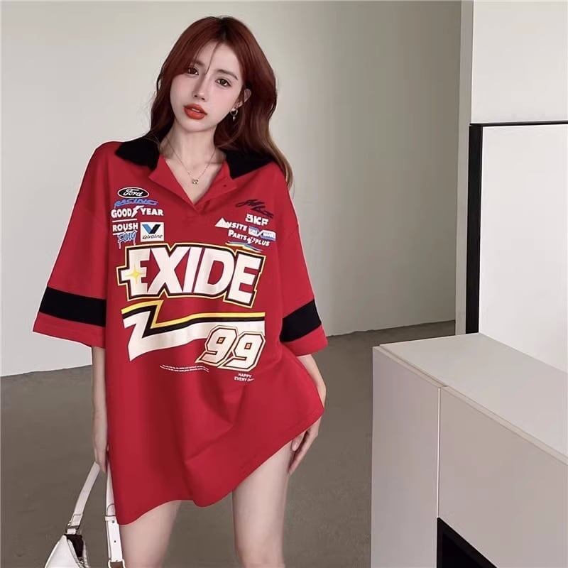 韓国系   POLOネック ロング Tシャツ 三色 ゆったりワンピース＜F-4025＞