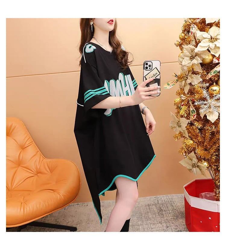 おしゃれ度アップ アルファベット フィッシュテール プリントTシャツ ゆったり半袖＜F-3012＞