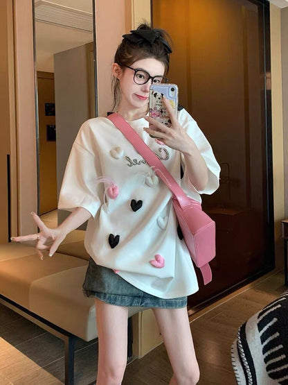 絶対欲しい ホットダイヤモンド キュート 三次元の愛 ゆったり 半袖Tシャツ＜F-8823＞