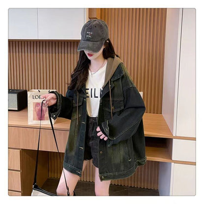 おすすめ トレンドアイテム 存在感抜群 フード付き デニムジャケットゆったりコートF-9888