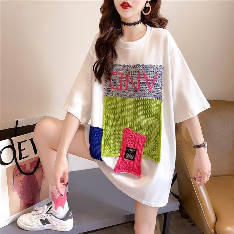 【半額！期間限定！！】ゆったりロング丈切り替え三色半袖Tシャツ＜F-1565＞