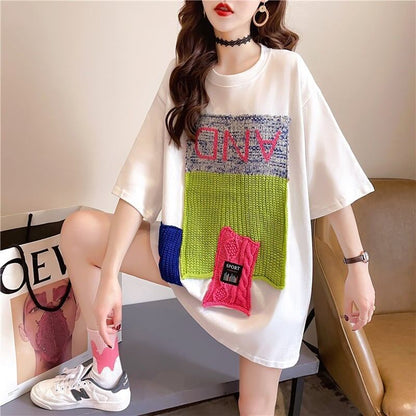 【半額！期間限定！！】ゆったりロング丈切り替え三色半袖Tシャツ＜F-1565＞