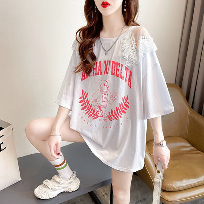 数量限定 ラウンドネック アバンギャルド レース 切り替え プリント全2色 半袖Tシャツ<F-8724>