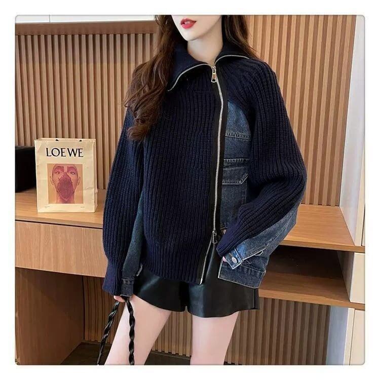 超人気商品ハイネック   切り替えニットゆったりデニムジャケット全2色コート<F-4641>