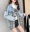 絶対流行 ファッション 活躍する優秀アイテム チェック柄 切り替え デニム Tシャツ ＜F-9264＞
